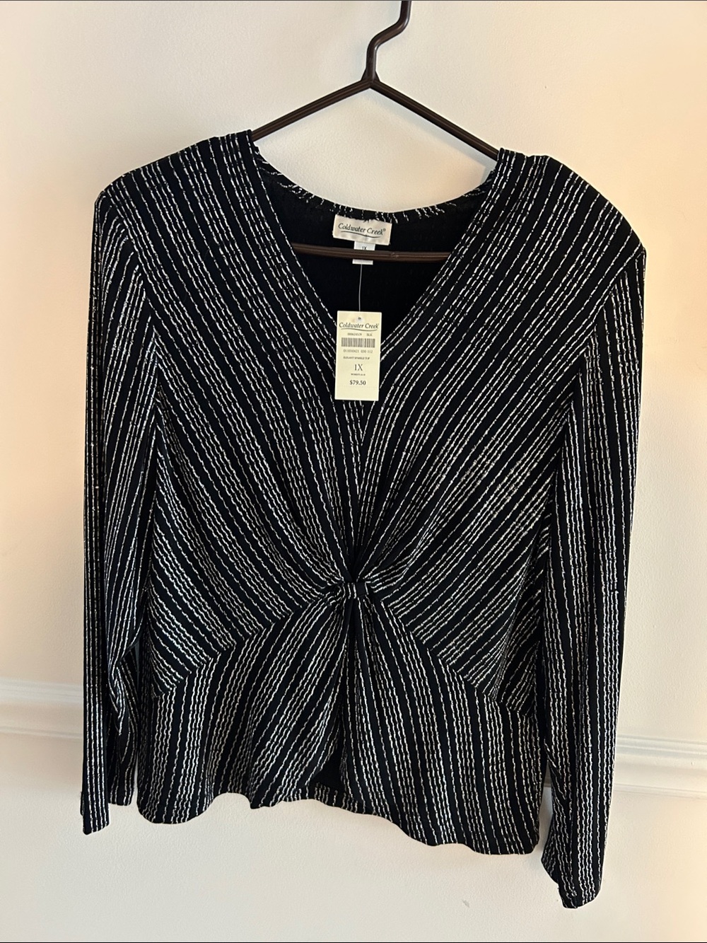 Coldwater Creek Black and Shiny Silver Elegant Sparkle Twist Front V-Neck Top